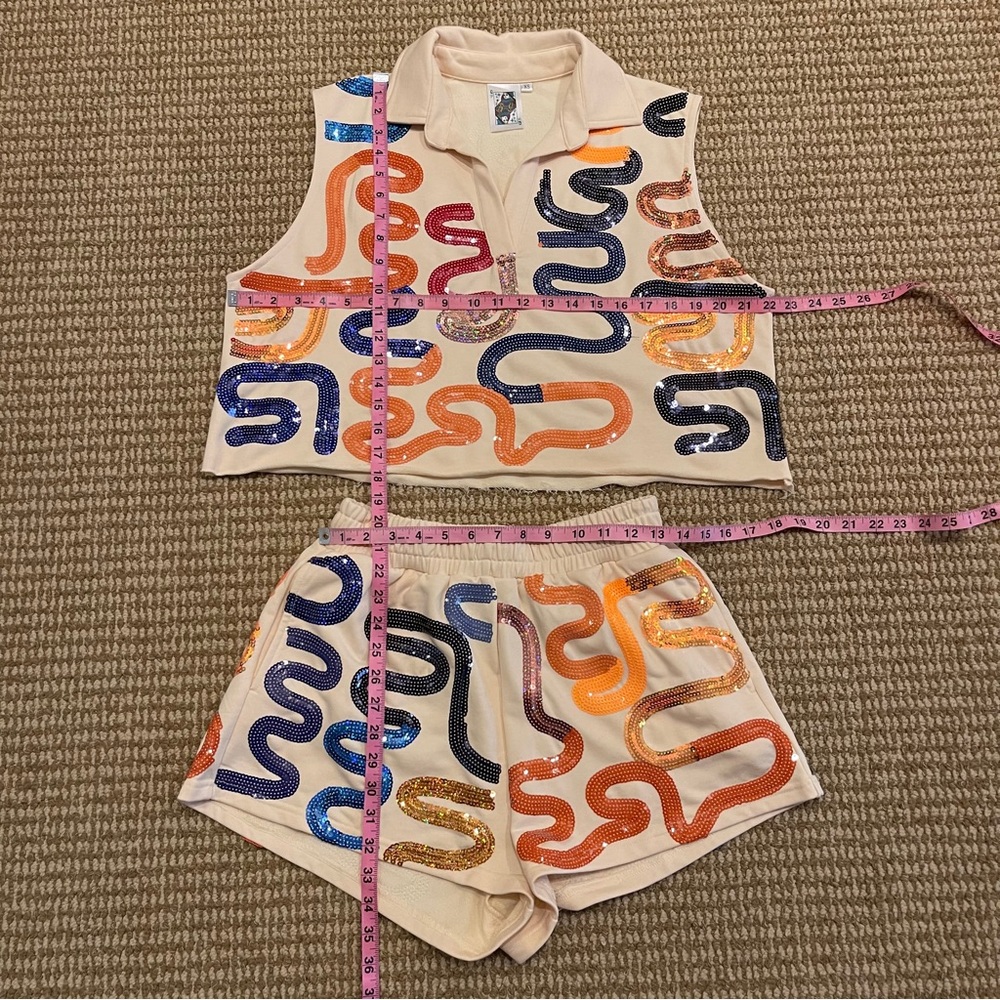 Queen of Sparkles Navy and Orange Squiggle Sequin Set XS - Picture 4 of 11